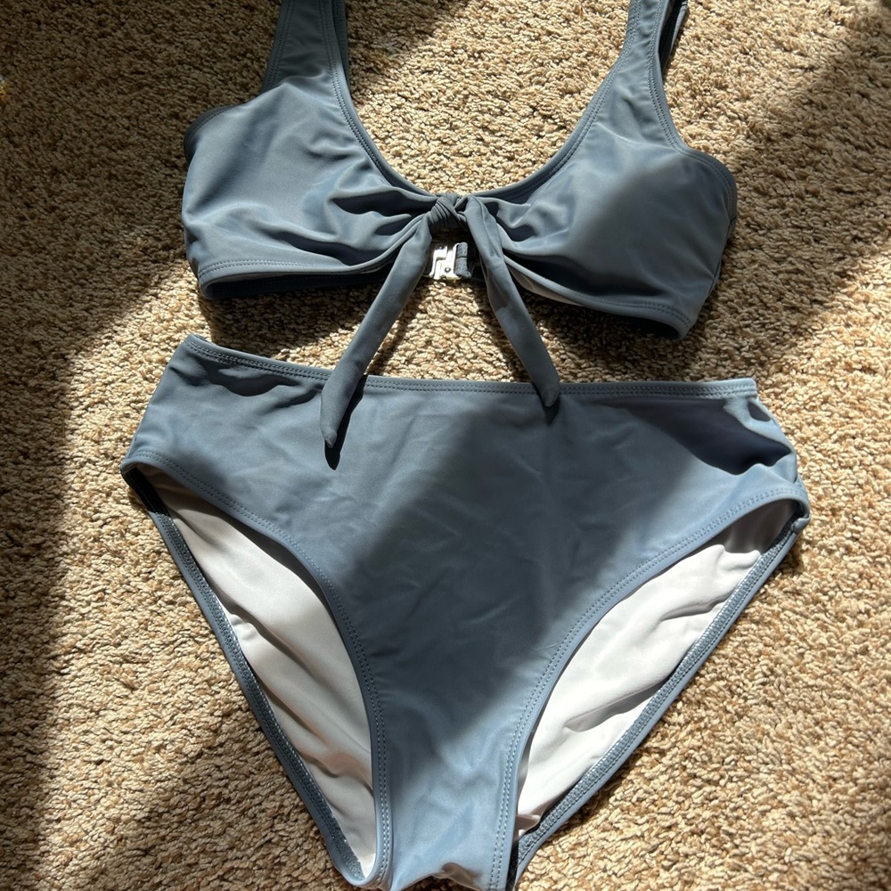 Scoop Neck Tie-Front Bikini Set in Slate Blue from Shein